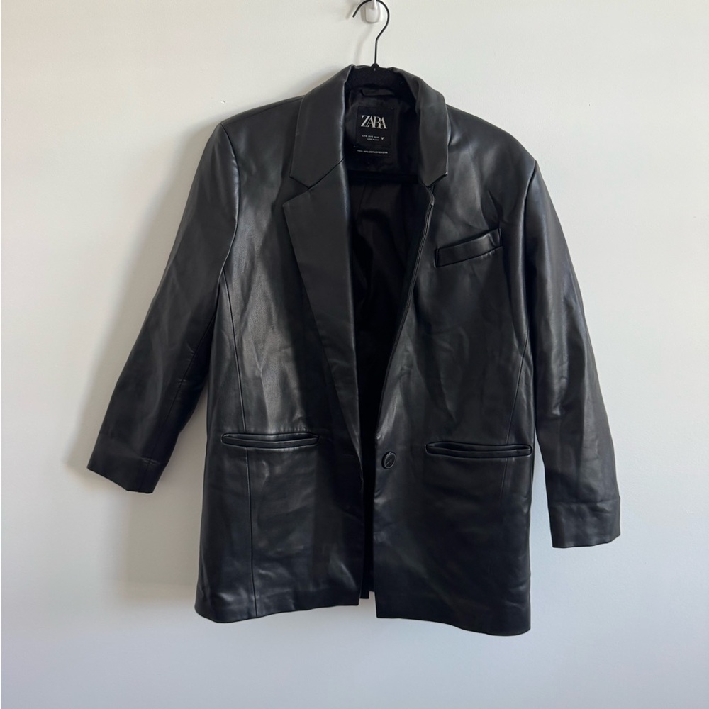 Zara Size S Black Leather Blazer - Picture 2 of 6